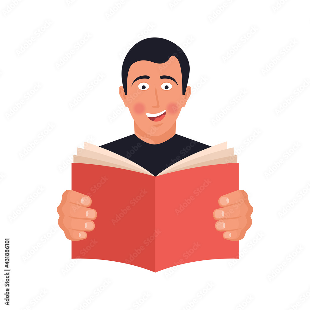 Book reading. The young man is reading an interesting book. Fun and learning. Vector illustration flat design. Isolated on background. Happy literature. Student or schoolboy holds a notebook in hands. Book reading. The young man is reading an interesting book. Fun and learning. Vector illustration flat design. Isolated on background. Happy literature. Student or schoolboy holds a notebook in hands.