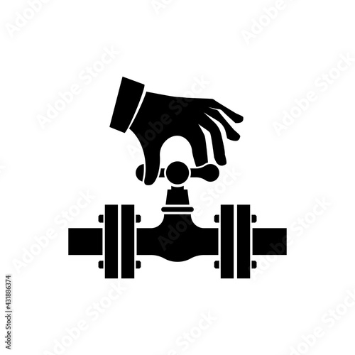Open valve gas black silhouette icon. Flow control. Vector illustration flat design. Isolated on white background. Oil and gas operations. Hand opening the tap on the yellow pipe.