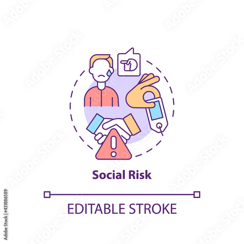 Social risk concept icon. Purchase risk factor idea thin line illustration. Status impact. Reputation. Buying something outside social norm. Vector isolated outline RGB color drawing. Editable stroke