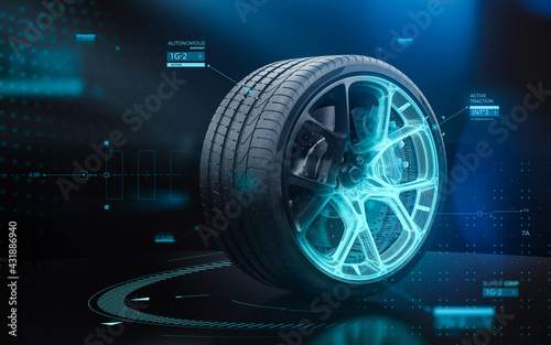 Futuristic sports car tyre technology concept with rim wireframe intersection (3D illustration) photo