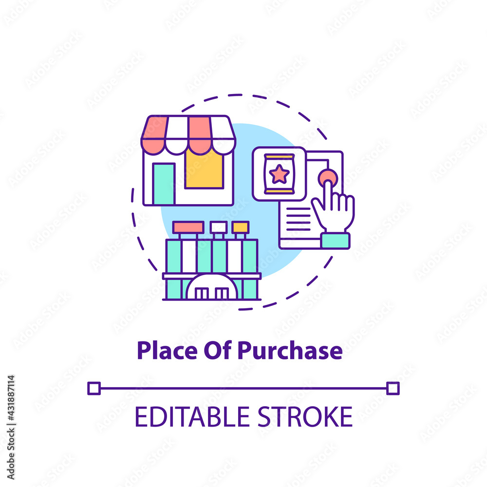 Purchase place concept icon. Customer behavior pattern idea thin line illustration. Sale point. Going into store, mall. Electronic commerce. Vector isolated outline RGB color drawing. Editable stroke