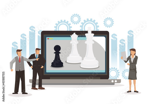 Businessmen planning and moving with chess figure strategy play online.