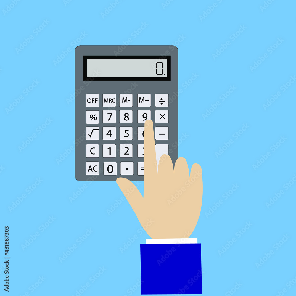 Hand with calculator, flat design, vector illustration,calculator math isolated icon. Hand with calculator, flat design, vector illustration,calculator math isolated icon.
