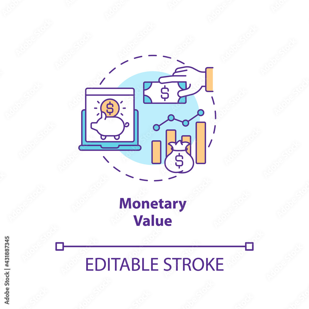 Monetary value concept icon. RFM model analysis idea thin line illustration. Amount money spent over time period. Quantitative factor. Vector isolated outline RGB color drawing. Editable stroke