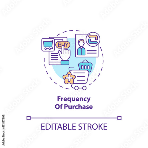 Purchase frequency concept icon. RFM model analysis idea thin line illustration. Analyzing consumer behavior. Transactions number frequence. Vector isolated outline RGB color drawing. Editable stroke