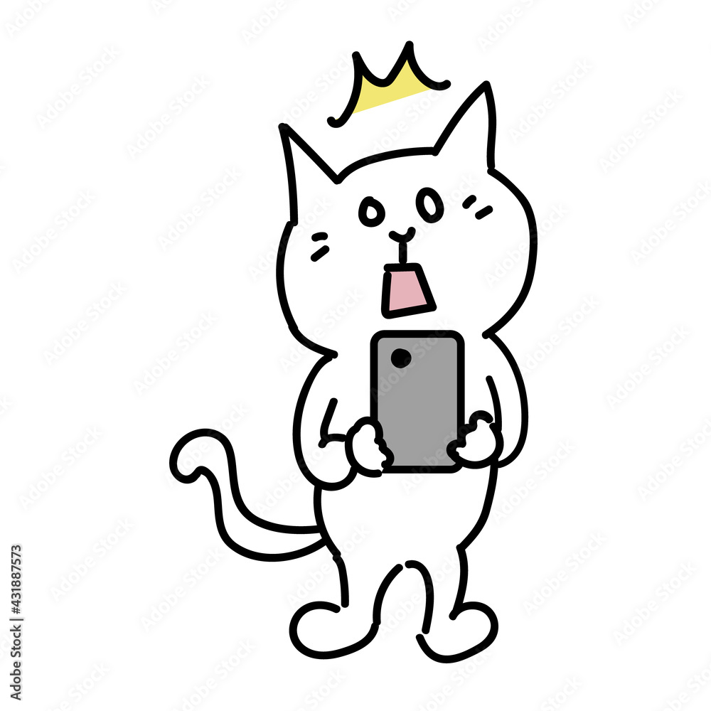 スマホを見てびっくりしている猫のイラスト
