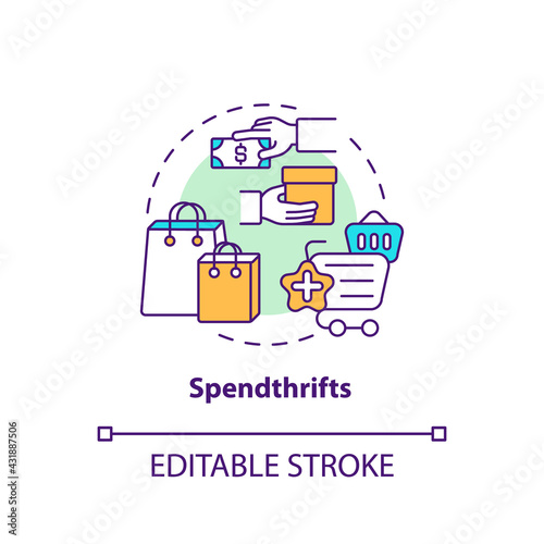 Spendthrifts concept icon. Buyers type idea thin line illustration. Impulse purchases. Spending money without budgets, financial plans. Vector isolated outline RGB color drawing. Editable stroke