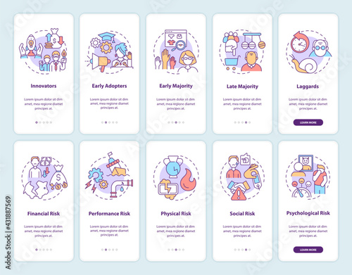 Product adoption onboarding mobile app page screen with concepts set. Risks management walkthrough 5 steps graphic instructions. UI, UX, GUI vector template with linear color illustrations