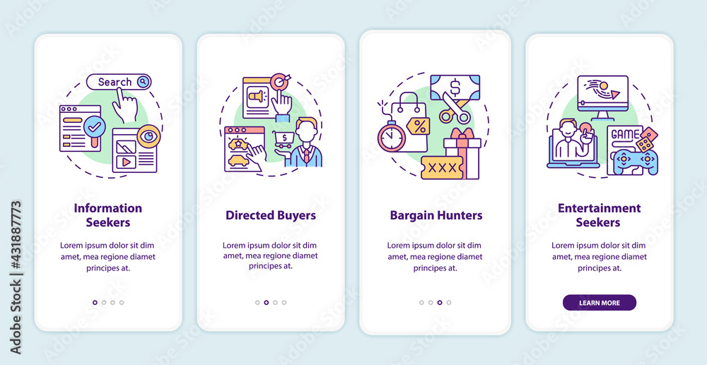 Internet consumer behavior onboarding mobile app page screen with concepts. Information seekers walkthrough 4 steps graphic instructions. UI, UX, GUI vector template with linear color illustrations