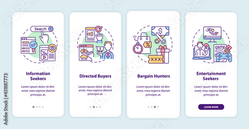 Internet consumer behavior onboarding mobile app page screen with concepts. Information seekers walkthrough 4 steps graphic instructions. UI, UX, GUI vector template with linear color illustrations © bsd studio