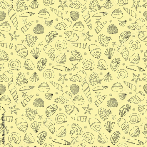 Seamless pattern from seashells in a contour on a yellow background.