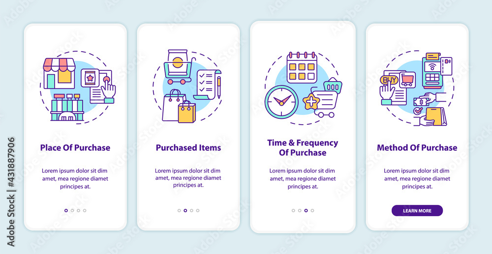Customer behavior patterns onboarding mobile app page screen with concepts. Purchase place, items walkthrough 4 steps graphic instructions. UI, UX, GUI vector template with linear color illustrations