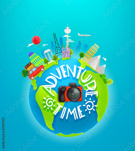 Adventure time vector illustration. Travel illustration with different world sights  and the Earth