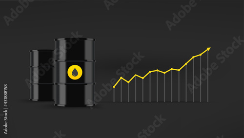 Growing oil price concept. Black barrels and chart