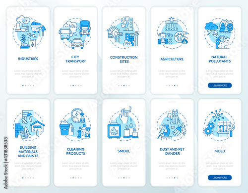 Indoor and ambient air pollutants onboarding mobile app page screen with concepts set. Contagion walkthrough 5 steps graphic instructions. UI, UX, GUI vector template with linear color illustrations