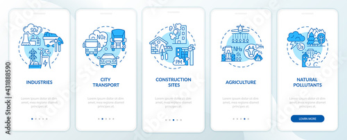 Ambient air pollutants onboarding mobile app page screen with concepts. Industry, city transport walkthrough 5 steps graphic instructions. UI, UX, GUI vector template with linear color illustrations