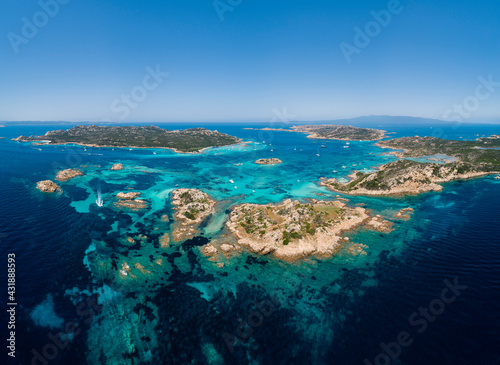 North-eastern Sardinia, Maddalena Archipelago, aerial view of the inland sea between the islands of Santa Maria, Budelli and Razzoli. Italy