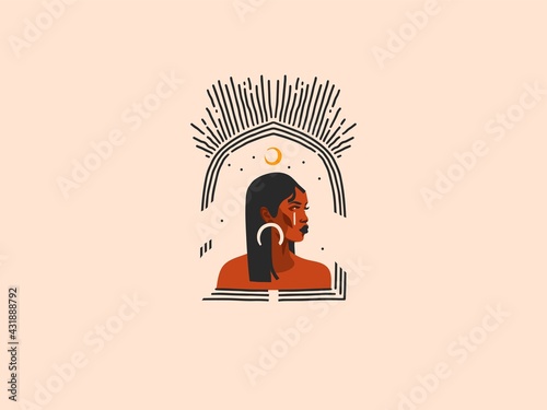 Hand drawn vector abstract stock flat graphic illustration with ethnic tribal black beautiful african american woman,sun and magic moon crescent in arch,simple style ,isolated on pastel background