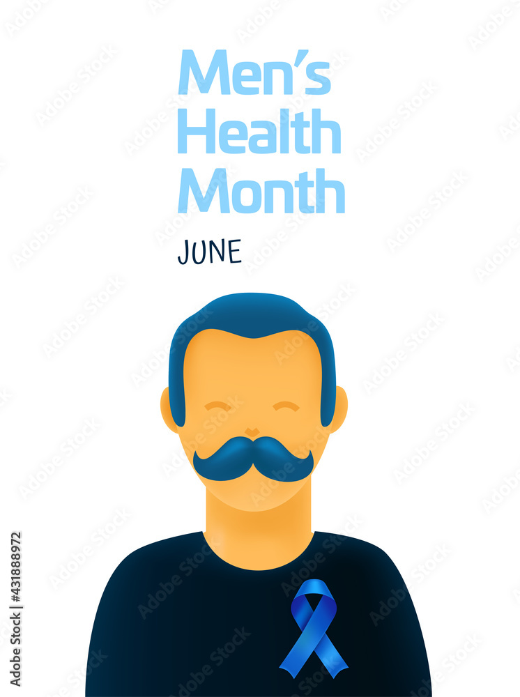 Mens Health Month. Celebrated Every June. Man with blue ribbon and moustache