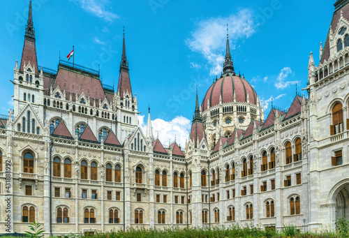 Budapest, Hungary - August 31, 2019: majestic facade of the Hungarian Parliament building, built in the neo-Gothic style. Famous state building and most popular tourist attraction in Budapest 