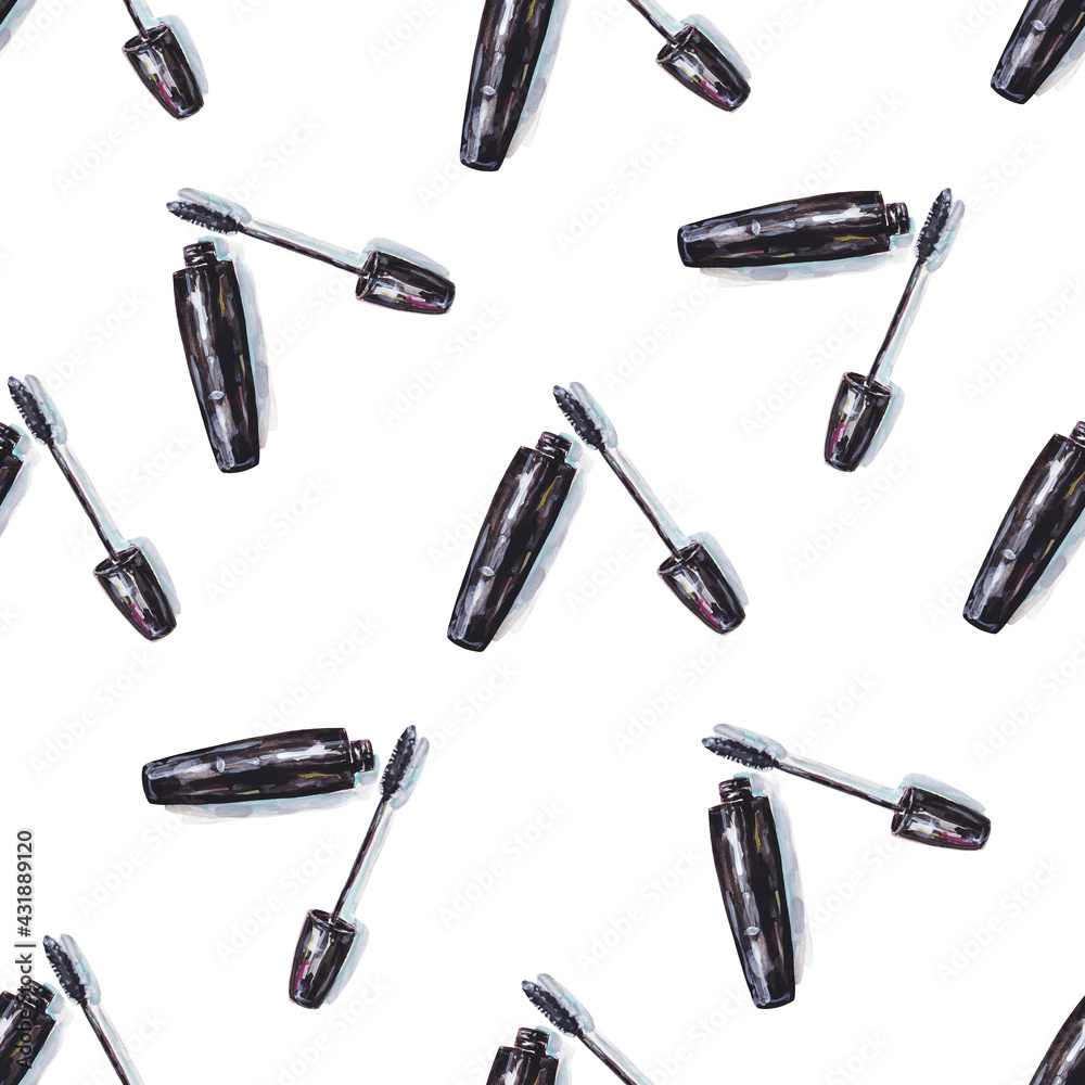 Black mascara for eyelashes isolated on white background. Acrylic painting. Handwork makeup art. Seamless pattern for design. Black mascara for eyelashes isolated on white background. Acrylic painting. Handwork makeup art. Seamless pattern for design.