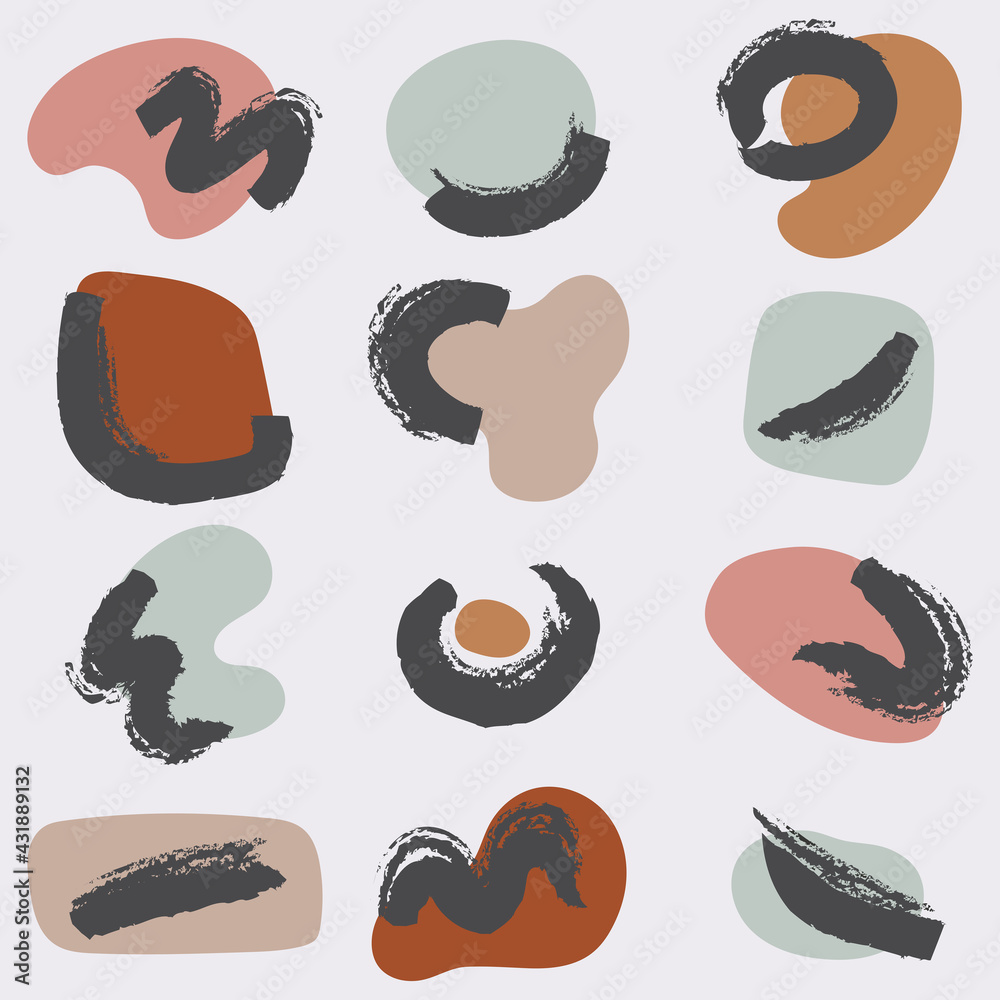 Naklejka premium Set contemporary graphics shapes. Doodle abstract objects and trendy geometric forms. Creative hand drawn scribbles primitive vector style