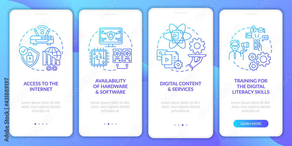 Digital inclusion components navy onboarding mobile app page screen with concept. Digital literacy walkthrough 4 steps graphic instructions. UI, UX, GUI vector template with linear color illustrations Digital inclusion components navy onboarding mobile app page screen with concept. Digital literacy walkthrough 4 steps graphic instructions. UI, UX, GUI vector template with linear color illustrations