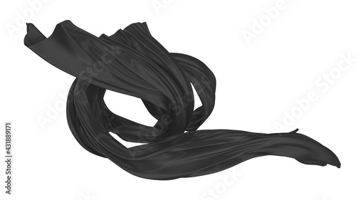 Beautiful flowing fabric of black wavy silk or satin. 3d rendering image.