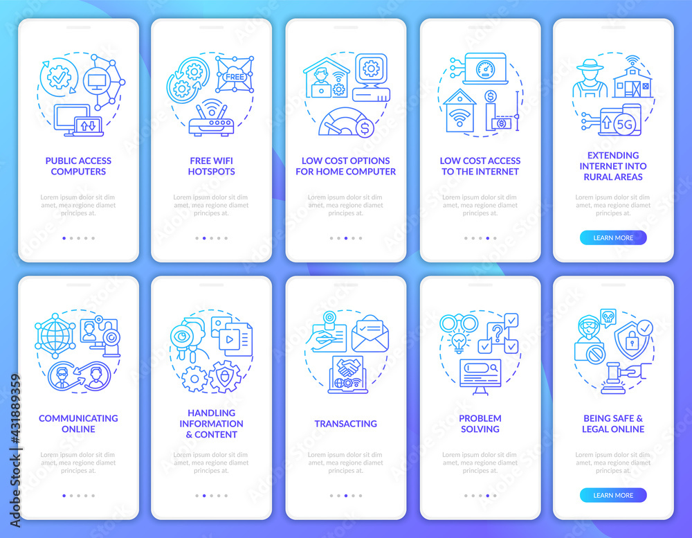 Digital inclusion navy onboarding mobile app page screen with concepts set. Digitalization walkthrough 5 steps graphic instructions. UI, UX, GUI vector template with linear color illustrations