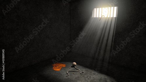 Prison with broken prison bars after prisoner escape and leaves prison uniform, ball and chain in prison room. Jailbreak or escape concept.