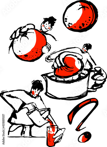 Orange juice. Vector illustration of person squeezing an orange