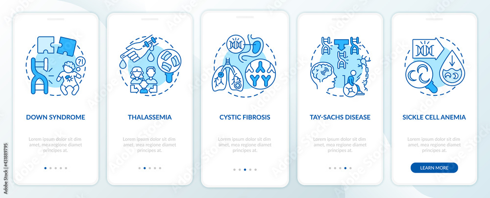 Most common genetic diseases blue onboarding mobile app page screen with concepts. Health walkthrough 5 steps graphic instructions. UI, UX, GUI vector template with linear color illustrations