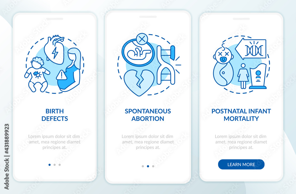 Genetic defects results blue onboarding mobile app page screen with concepts. Hereditary disease walkthrough 3 steps graphic instructions. UI, UX, GUI vector template with linear color illustrations