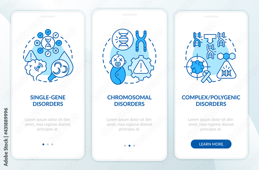Types of genetic disorders blue onboarding mobile app page screen with concepts. Medical care walkthrough 3 steps graphic instructions. UI, UX, GUI vector template with linear color illustrations