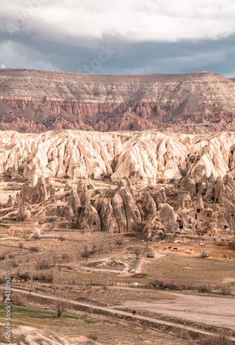 Vertical view of fairy chimneys and typical rock formations near Göreme, Cappadocia, Turkey
