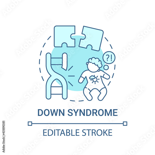 Down syndrome blue concept icon. Developmental delays in children. Baby with disability. Genetic disease idea thin line illustration. Vector isolated outline RGB color drawing. Editable stroke