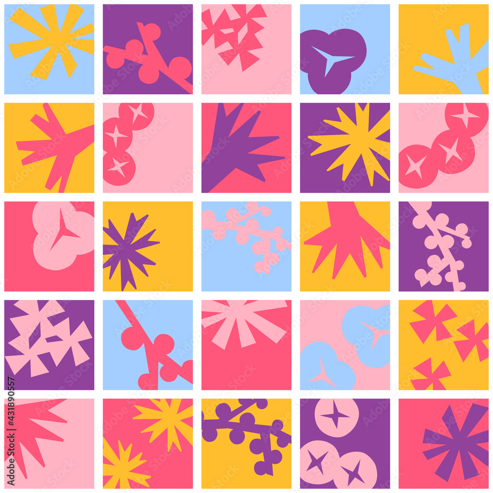 Vector Japanese Vibrant Minimal Floral Seamless Square Pattern