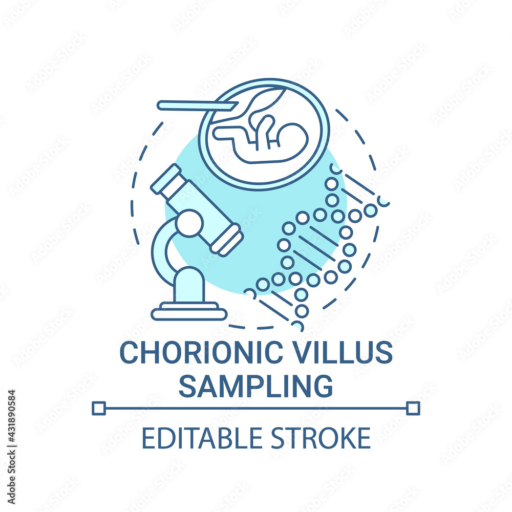 Chorionic villus sampling blue concept icon. CVS for prenatal testing. Genetic inheritance examination idea thin line illustration. Vector isolated outline RGB color drawing. Editable stroke Chorionic villus sampling blue concept icon. CVS for prenatal testing. Genetic inheritance examination idea thin line illustration. Vector isolated outline RGB color drawing. Editable stroke