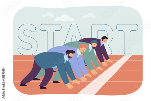 Office workers standing ready on start line isolated flat vector illustration. Cartoon employees competing in professional career race or sprint. Business competition and rivalry concept