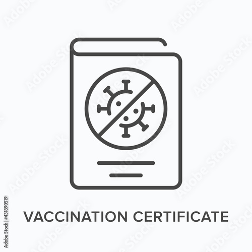 Vaccination certificate flat line icon. Vector outline illustration of document. Black thin linear pictogram for virus passport