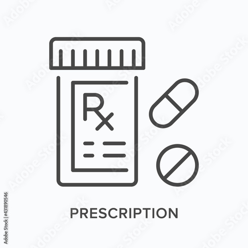 Prescription flat line icon. Vector outline illustration of drug bottle. Black thin linear pictogram for pharmacy rx jar