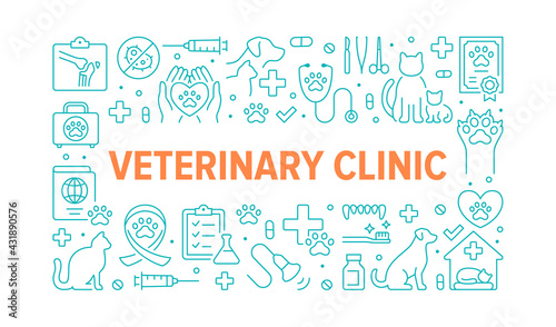 Veterinary clinic green color poster with line icons. Vector illustration included icon as cat, kitten, dog, passport, ultrasound, syringe, hospital, stethoscope outline pictogram for vet hospital