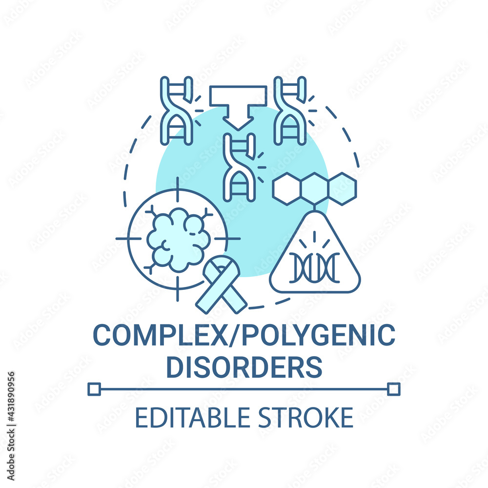Complex, polygenic disorders blue concept icon. Combined genes as cause of illness. Genetic disease idea thin line illustration. Vector isolated outline RGB color drawing. Editable stroke Complex, polygenic disorders blue concept icon. Combined genes as cause of illness. Genetic disease idea thin line illustration. Vector isolated outline RGB color drawing. Editable stroke