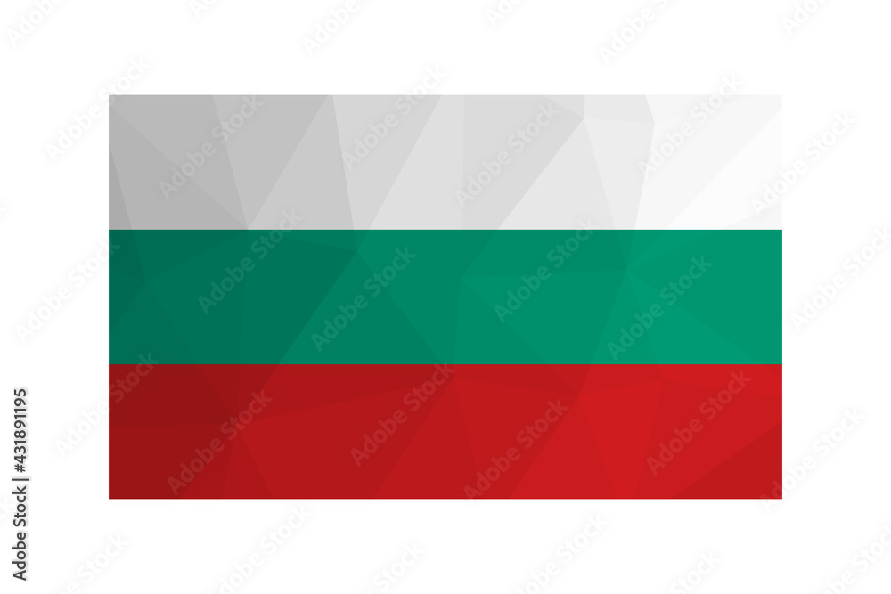Vector isolated illustration. National Bulgarian flag with tricolour of white, green; red. Official symbol of Bulgaria. Creative design in low poly style with triangular shapes. Gradient effect.