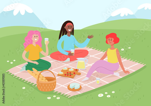 Vector illustration of summer picnic with female friends on nature