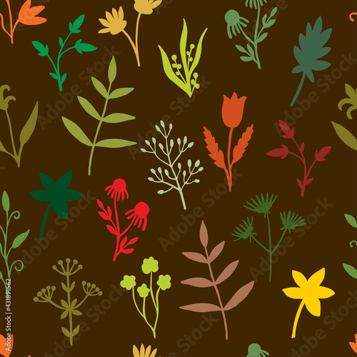 Seamless pattern of wild herbs and flowers isolated on a marsh background. Bright autumn design of botanical elements. Vector illustration of plants, branches, leaves, buds, berries. Interior design.