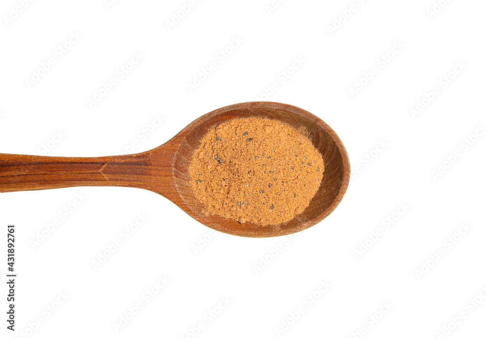 Flat lay view of yellow color superfood powder on wood spoon, isolated on white with lot of copy space. Flat lay view of yellow color superfood powder on wood spoon, isolated on white with lot of copy space.