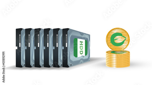 Hard disk with coins of cryptocurrency chia on a white background. Mining on HDD  ssd. The concept of mining currency. Money. Realistic 3d vector