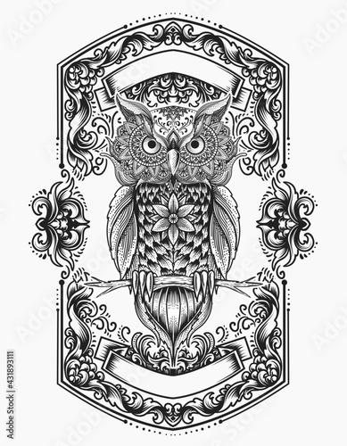 illustration vector monochrome owl bird mandala ornament