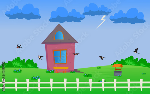 Flock of swallows soaring low above ground before thunderstorm. Cartoon vector illustration. Flying birds, lonely house and storm clouds with lightning. Nature, wild animal, bird, weather concept